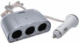 Разветвитель прикуривателя на 3 гнезда + USB(металлик)
