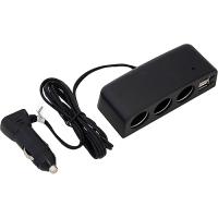 Разветвитель прикуривателя 3 гнезда(8А)+2USB(2х0,5А/1х1А), тс, удлин.1,2м, индикатор, 12/24в