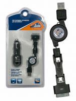 Зарядное устройство   для iPhone 4/5 + mini-USB, micro-USB, катушка-удлинитель, 12/24В